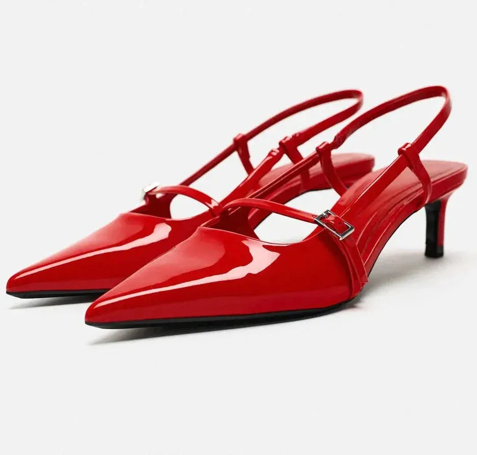 Women Pointed Toe Ankle Strap Mid Heel Shoes