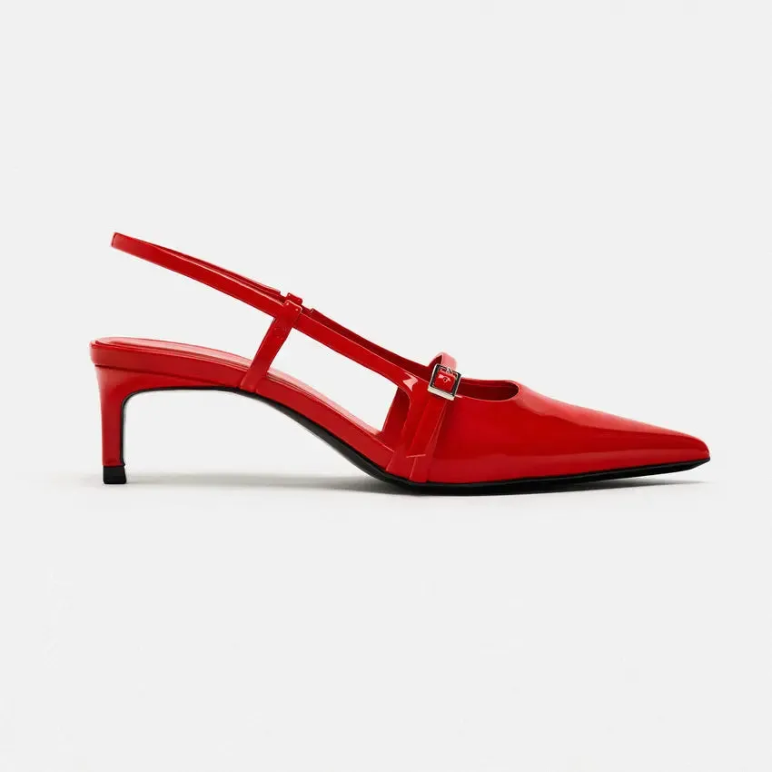 Women Pointed Toe Ankle Strap Mid Heel Shoes