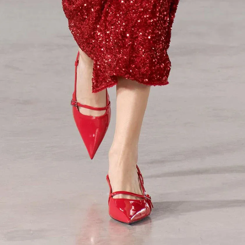Women Pointed Toe Ankle Strap Mid Heel Shoes