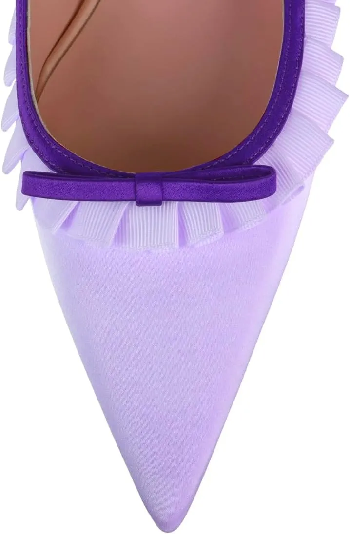 Women Pointed Toe Kitten Heel Bow Pumps Satin Ankle Strap Dress Shoes Lace Ruffles Cute 1 inch Low Kitten Heels Satin Wedding Bridal Dress Low Heels Two Tone Elegant Comfy 4-11 M US