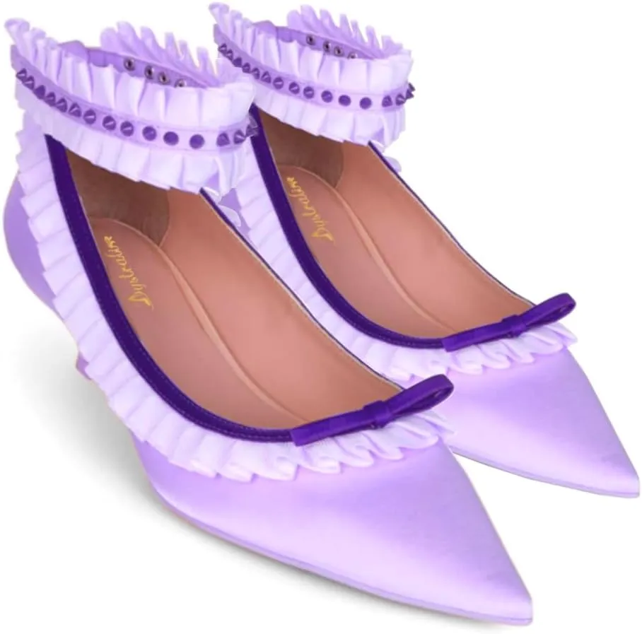 Women Pointed Toe Kitten Heel Bow Pumps Satin Ankle Strap Dress Shoes Lace Ruffles Cute 1 inch Low Kitten Heels Satin Wedding Bridal Dress Low Heels Two Tone Elegant Comfy 4-11 M US