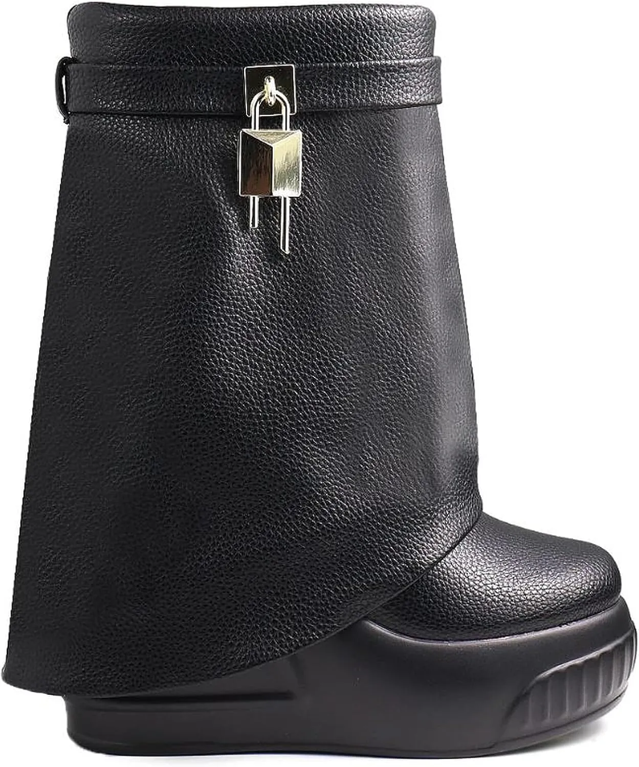 Women Round Toe Wedge Heel Fold Over Mid-calf Pull On Boots