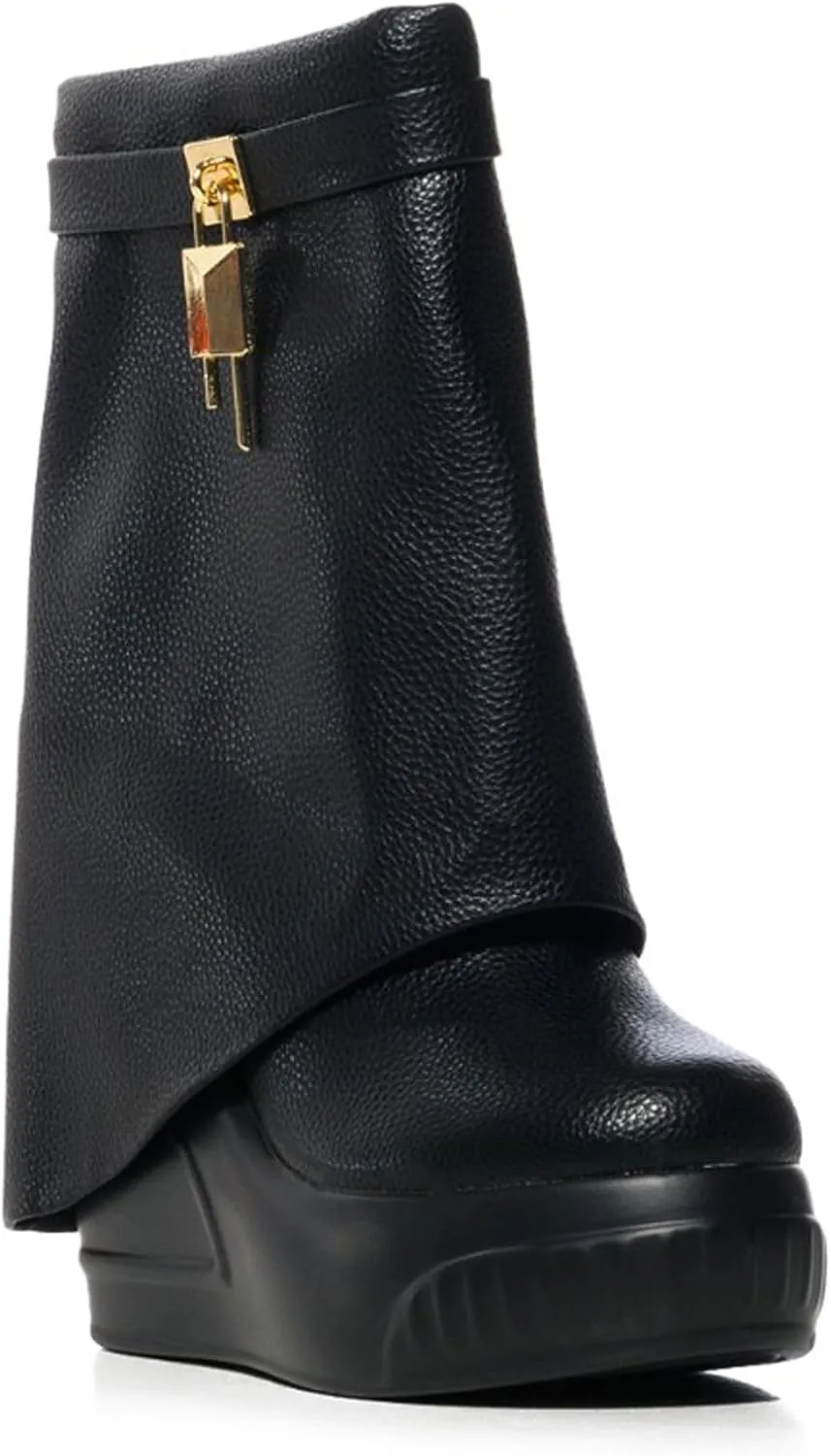 Women Round Toe Wedge Heel Fold Over Mid-calf Pull On Boots