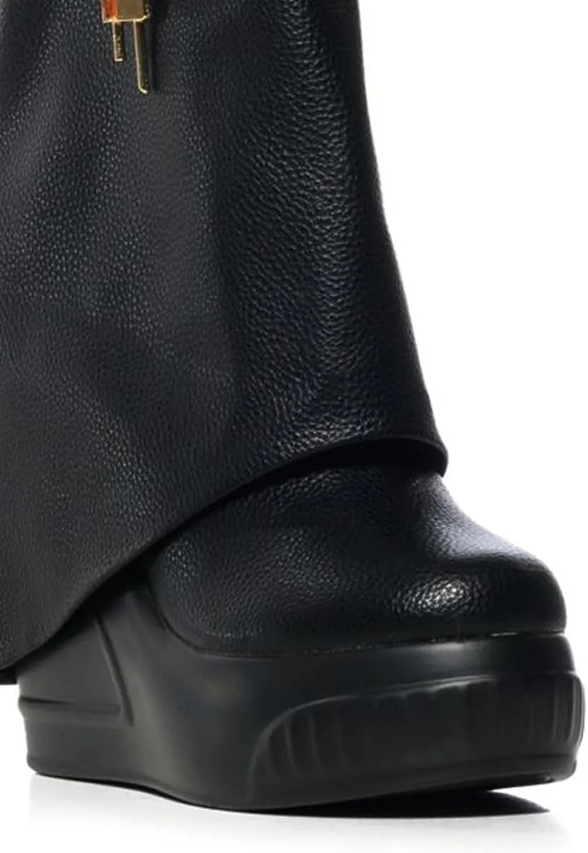 Women Round Toe Wedge Heel Fold Over Mid-calf Pull On Boots