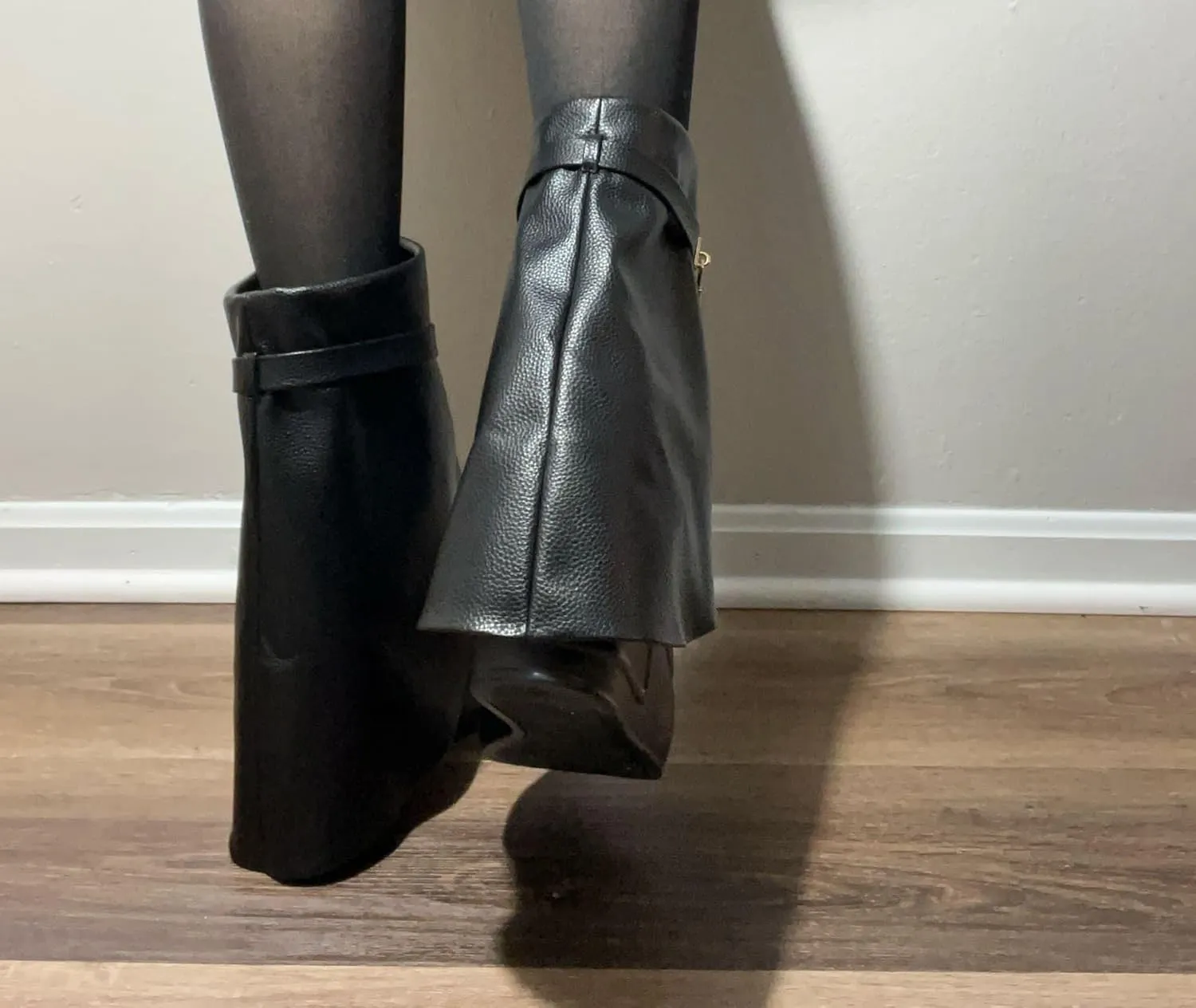 Women Round Toe Wedge Heel Fold Over Mid-calf Pull On Boots
