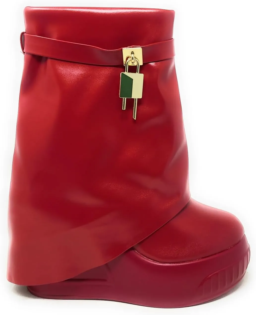 Women Round Toe Wedge Heel Fold Over Mid-calf Pull On Boots