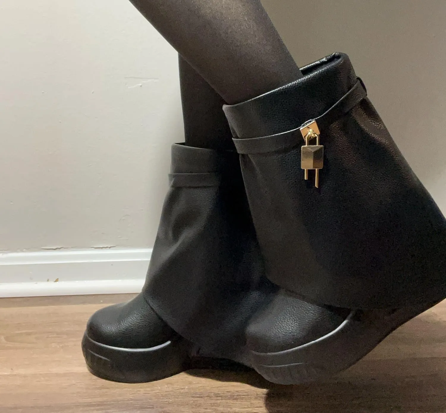 Women Round Toe Wedge Heel Fold Over Mid-calf Pull On Boots