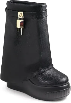Women Round Toe Wedge Heel Fold Over Mid-calf Pull On Boots