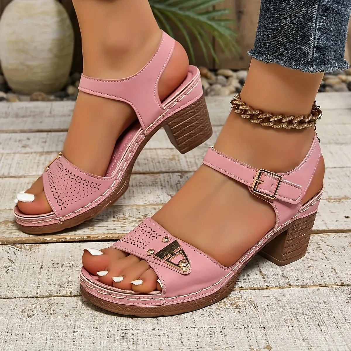 Women's Ankle Buckle Platform Sandals – Soft Sole Cut-Out Shoes with Metallic Chunky Heels, Comfortable Summer Wedges for Walking & Casual Outfits