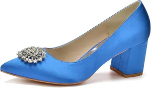 Women's Block Heel Bridal Shoes Satin Strappy Sandals Closed Toe Flower Dress Wedding Shoes