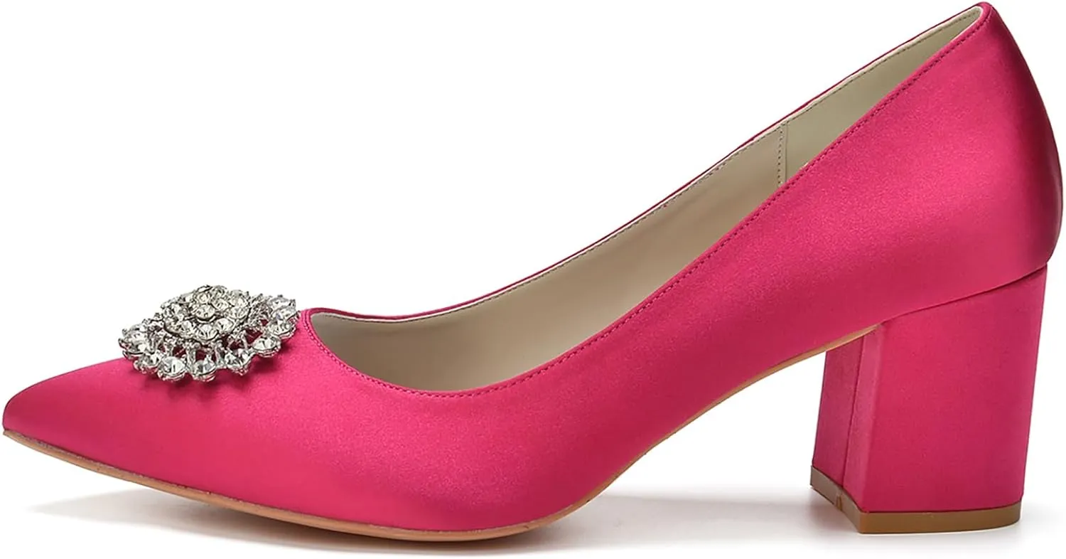 Women's Block Heel Bridal Shoes Satin Strappy Sandals Closed Toe Flower Dress Wedding Shoes