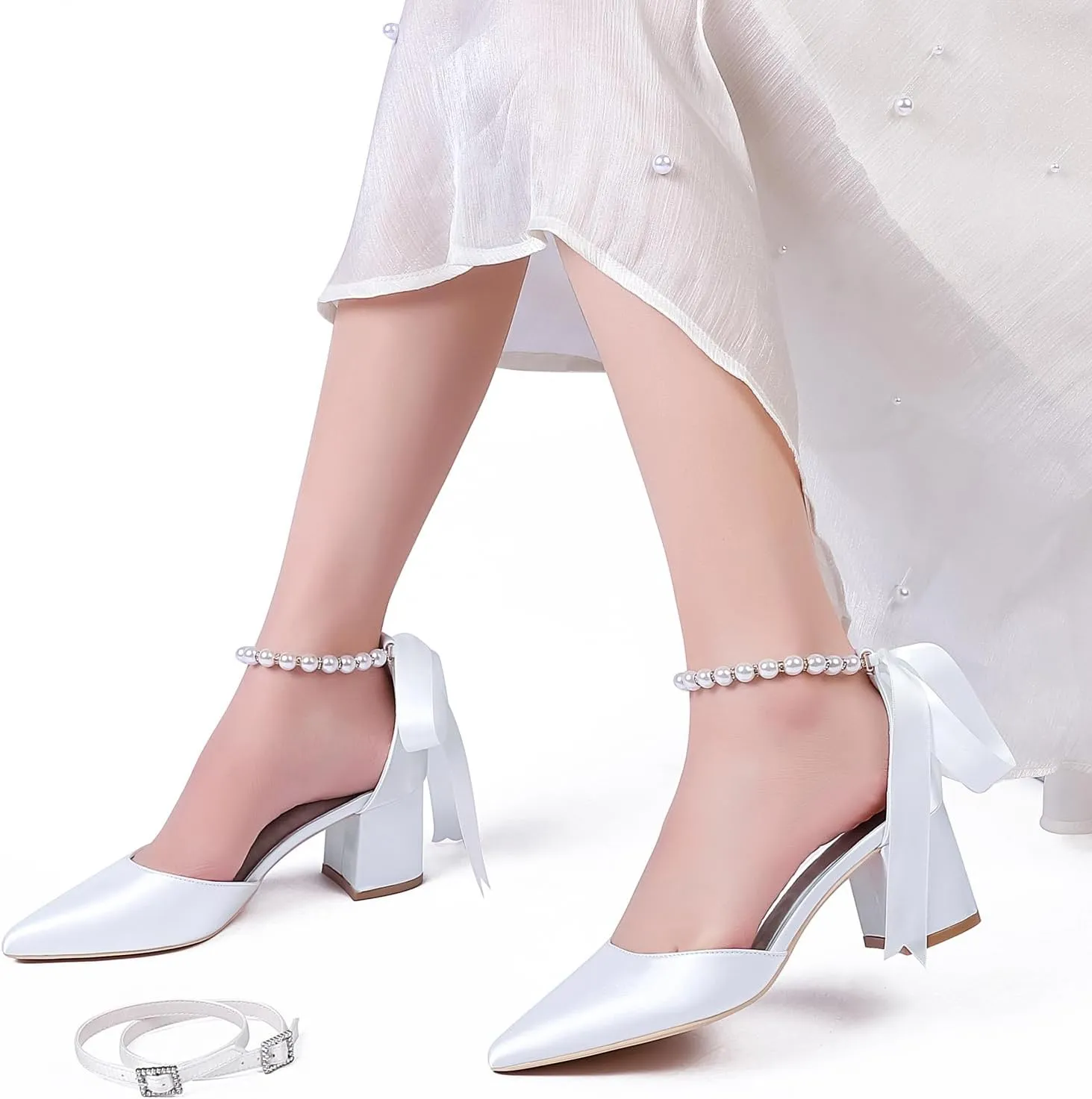 Women's Block Heels Satin Bridal Wedding Shoes CG2102-01 Pointed Toe Ankle Strap Court Shoes 2.36in/6cm