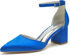 Women's Block Heels Satin Bridal Wedding Shoes CG2102-01 Pointed Toe Ankle Strap Court Shoes 2.36in/6cm