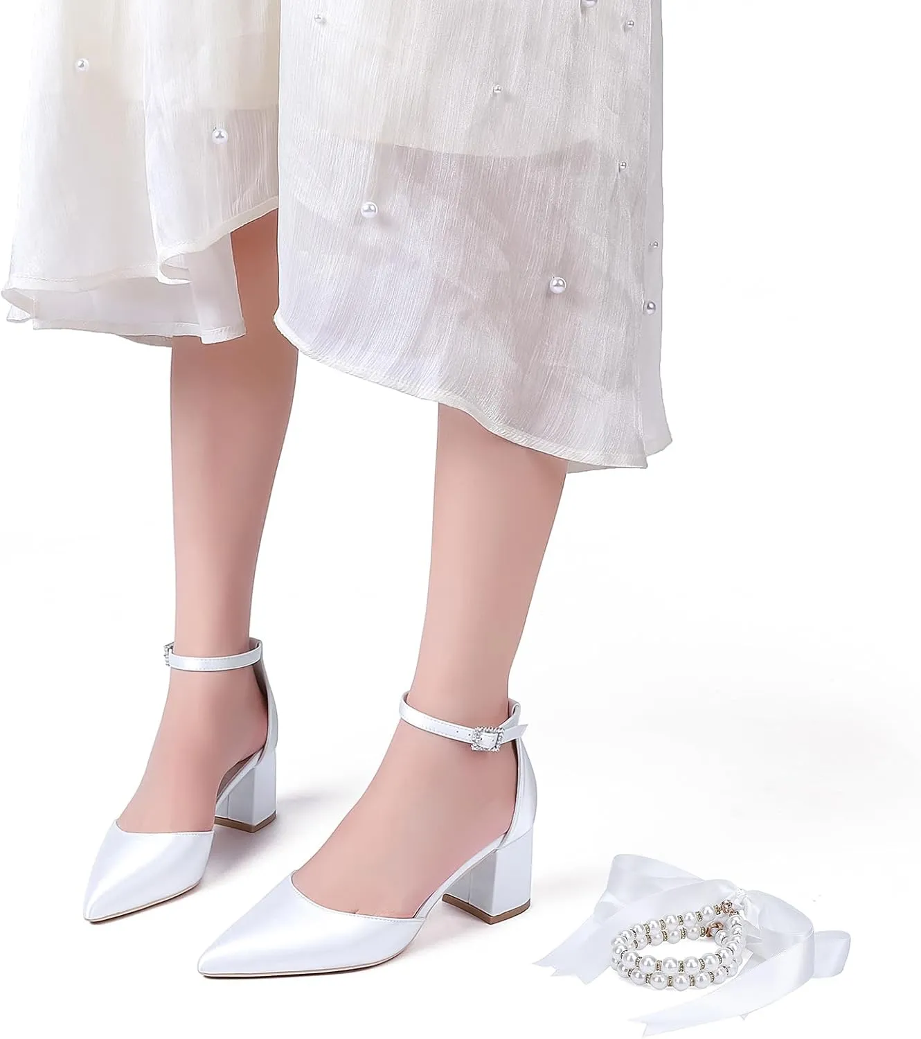 Women's Block Heels Satin Bridal Wedding Shoes CG2102-01 Pointed Toe Ankle Strap Court Shoes 2.36in/6cm