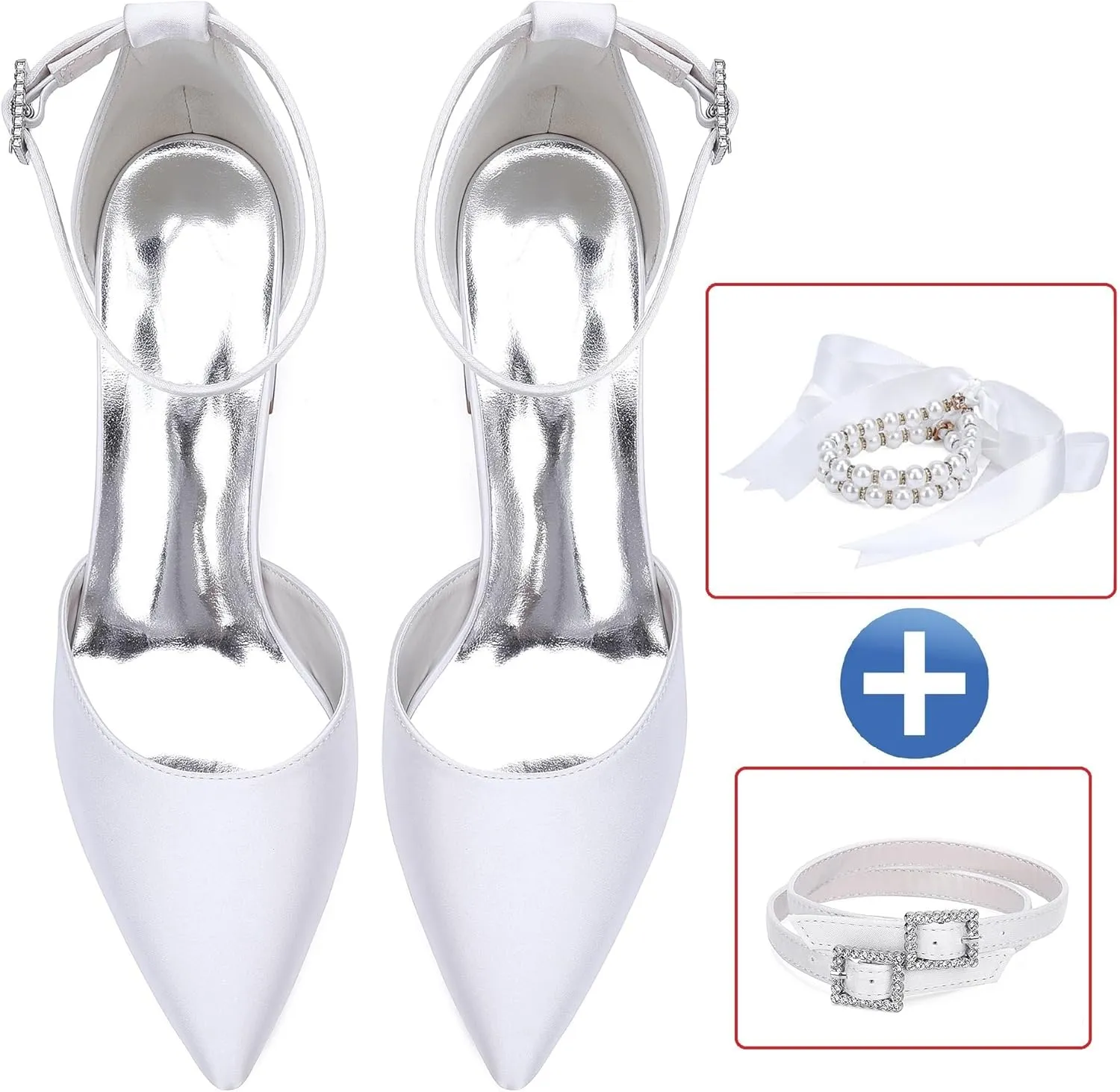 Women's Block Heels Satin Bridal Wedding Shoes CG2102-01 Pointed Toe Ankle Strap Court Shoes 2.36in/6cm