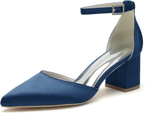 Women's Block Heels Satin Bridal Wedding Shoes CG2102-01 Pointed Toe Ankle Strap Court Shoes 2.36in/6cm