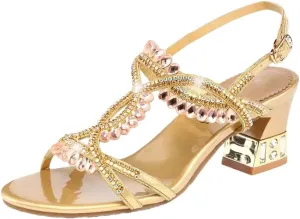 Womens Buckle Strap Back Strap Square Heel Open Side Vamp Basic Sandals Leather Rhinestone High Heel Wedding Rome Summer Sandals
