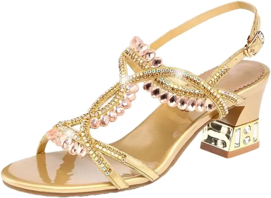 Womens Buckle Strap Back Strap Square Heel Open Side Vamp Basic Sandals Leather Rhinestone High Heel Wedding Rome Summer Sandals