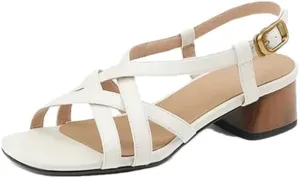 Womens Buckle Strap Back Strap Square Heel Open Side Vamp Sandals Split Leather Chunky Heel Narrow Band Casual