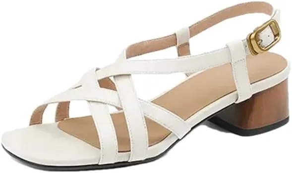 Womens Buckle Strap Back Strap Square Heel Open Side Vamp Sandals Split Leather Chunky Heel Narrow Band Casual