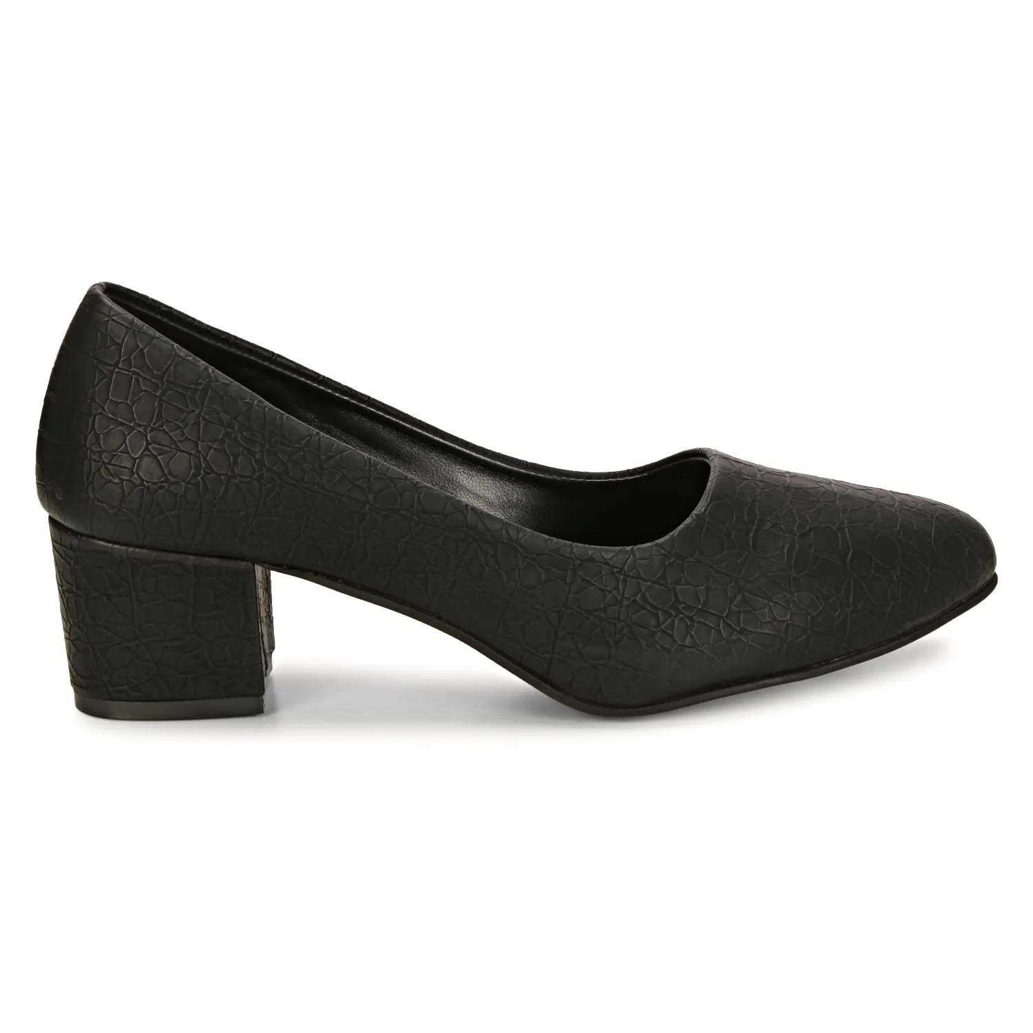 Women's Chunky Low Block Heel Pumps Shoes | Synthetic Textured Pointed Toe Dress Shoes | Closed Toe, Slip On Comfortable 2-Inch Heel for Office, Casual, and Party Wear (10, Black)
