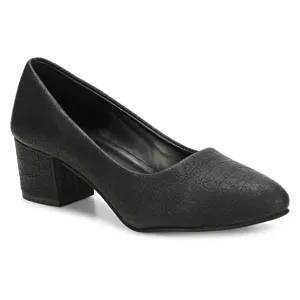 Women's Chunky Low Block Heel Pumps Shoes | Synthetic Textured Pointed Toe Dress Shoes | Closed Toe, Slip On Comfortable 2-Inch Heel for Office, Casual, and Party Wear (10, Black)