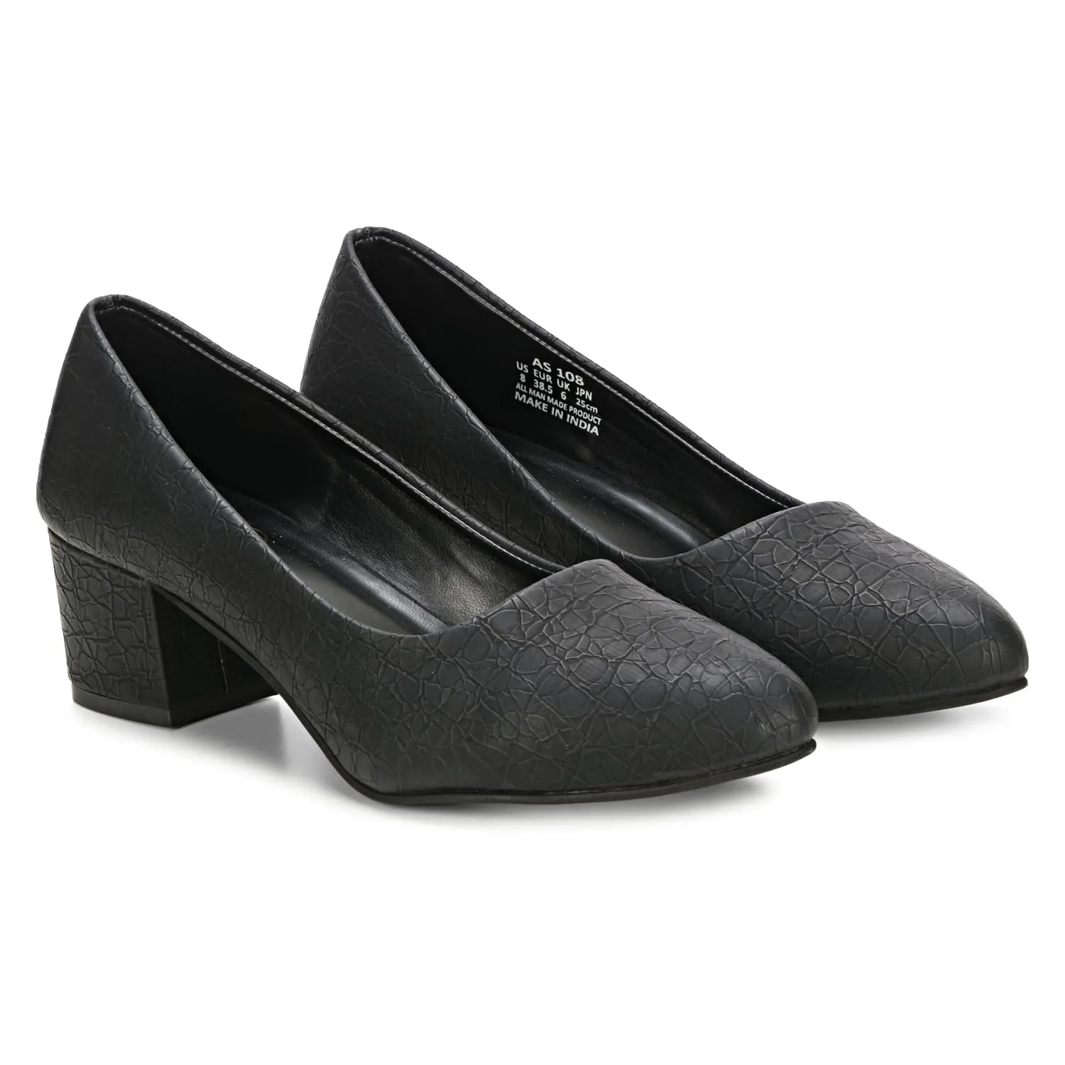 Women's Chunky Low Block Heel Pumps Shoes | Synthetic Textured Pointed Toe Dress Shoes | Closed Toe, Slip On Comfortable 2-Inch Heel for Office, Casual, and Party Wear (10, Black)