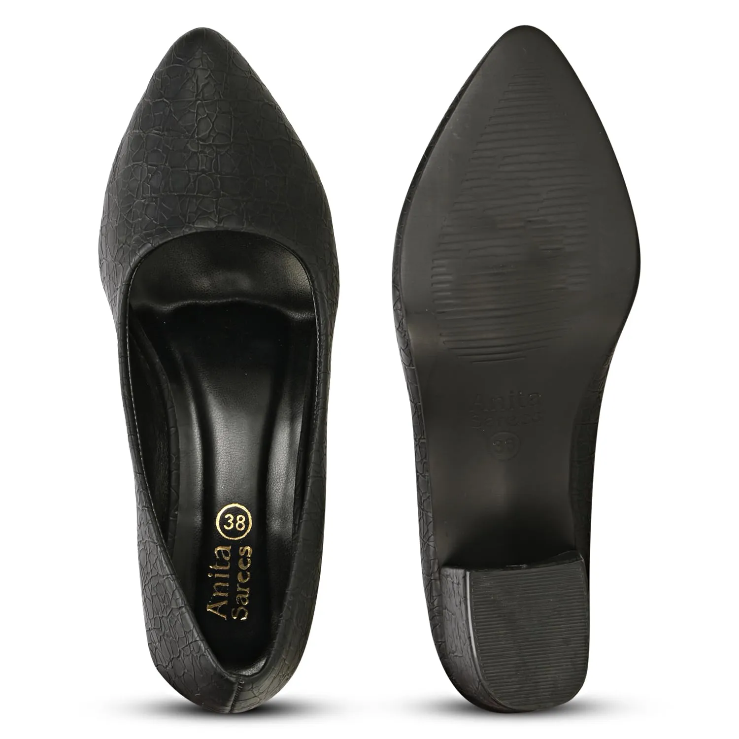 Women's Chunky Low Block Heel Pumps Shoes | Synthetic Textured Pointed Toe Dress Shoes | Closed Toe, Slip On Comfortable 2-Inch Heel for Office, Casual, and Party Wear (10, Black)