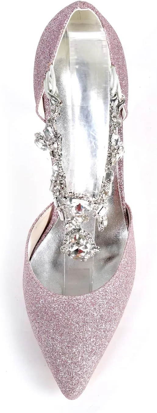 Women's Crystal White Wedding Shoes for Bride High Heels Pointed Toe Bridal Shoes Prom Party Dress Pumps Sandals