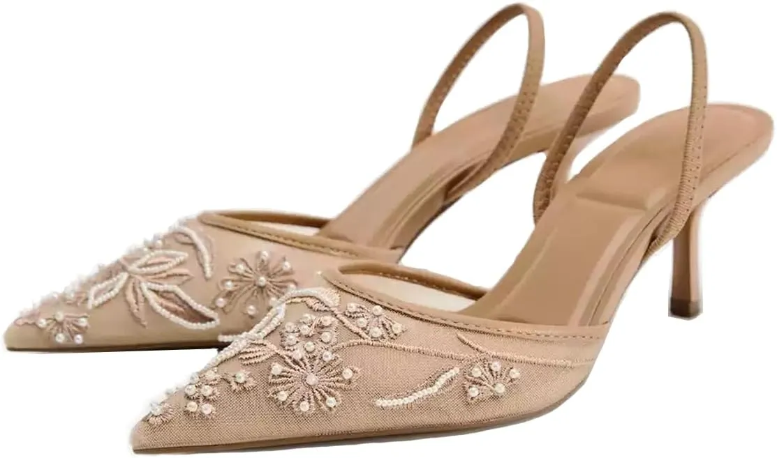 Women's Embroidered Mesh Slingback Pumps with Pointed Toe & Thin Heels - Elastic Strap Dress Shoes for Women Perfect for Parties & Formal Events for Women