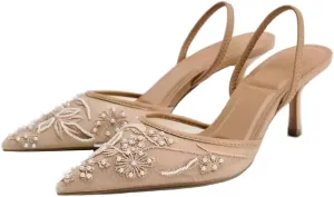 Women's Embroidered Mesh Slingback Pumps with Pointed Toe & Thin Heels - Elastic Strap Dress Shoes for Women Perfect for Parties & Formal Events for Women