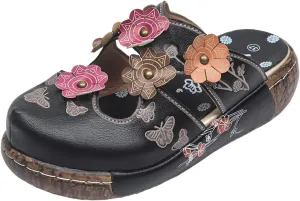 Women's Floral Clogs with Butterfly Print, Purple Leather Slip-On Mules, Decorative Multi-Color Flower Accents