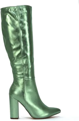 Womens Knee High Boots Ladies Block High Heel Synthetic Leather Pointed Toe Long Shoes Size