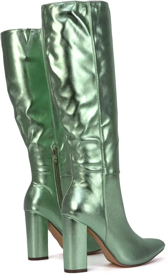 Womens Knee High Boots Ladies Block High Heel Synthetic Leather Pointed Toe Long Shoes Size