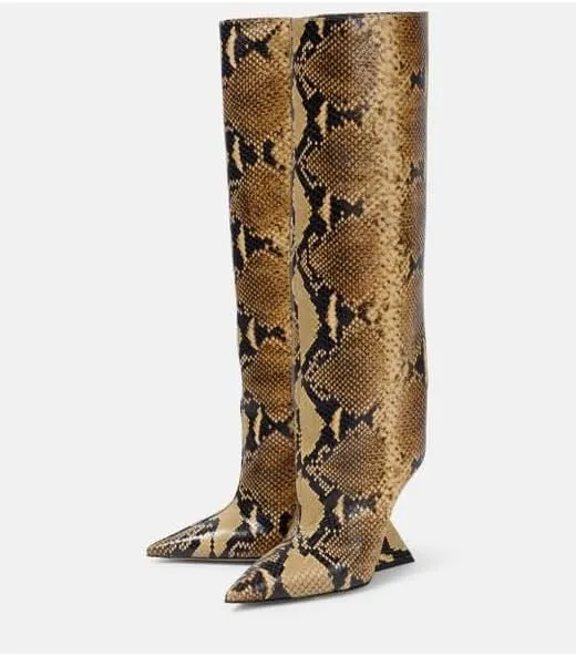 Women's Knee High Boots Suede Wedge High Heel Long Booties Wide Calf Pointed Toe Block Heel Booties Pull On Sexy Knee High Boots for Party