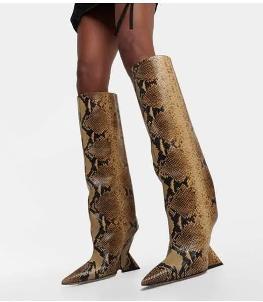 Women's Knee High Boots Suede Wedge High Heel Long Booties Wide Calf Pointed Toe Block Heel Booties Pull On Sexy Knee High Boots for Party