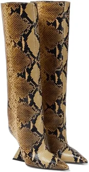 Women's Knee High Boots Suede Wedge High Heel Long Booties Wide Calf Pointed Toe Block Heel Booties Pull On Sexy Knee High Boots for Party