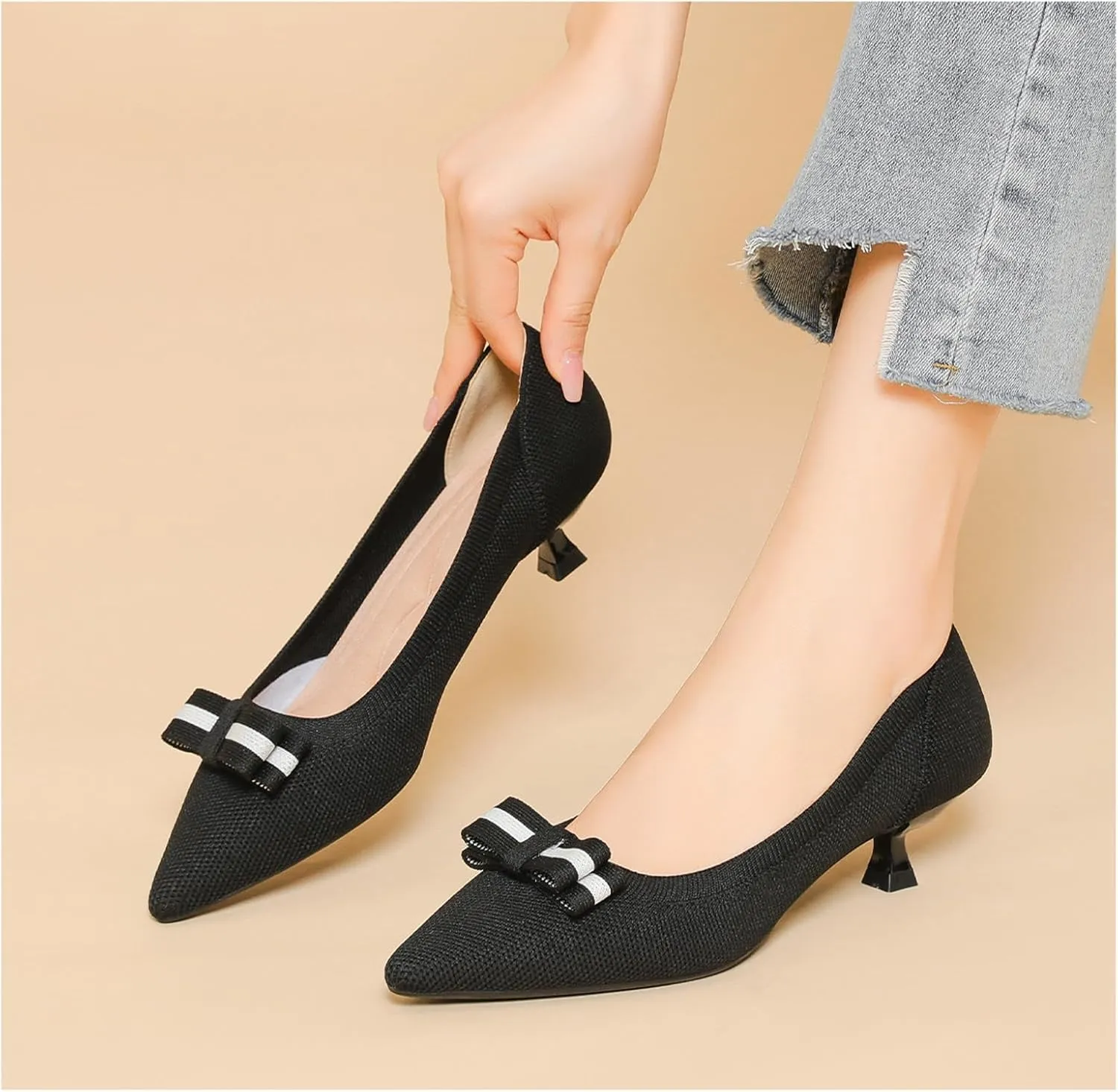 Women's Knitted Kitten Low Heels with Bow Pointed Closed Toe Slip On Comfort Pumps Casual Work Office Dress Shoes