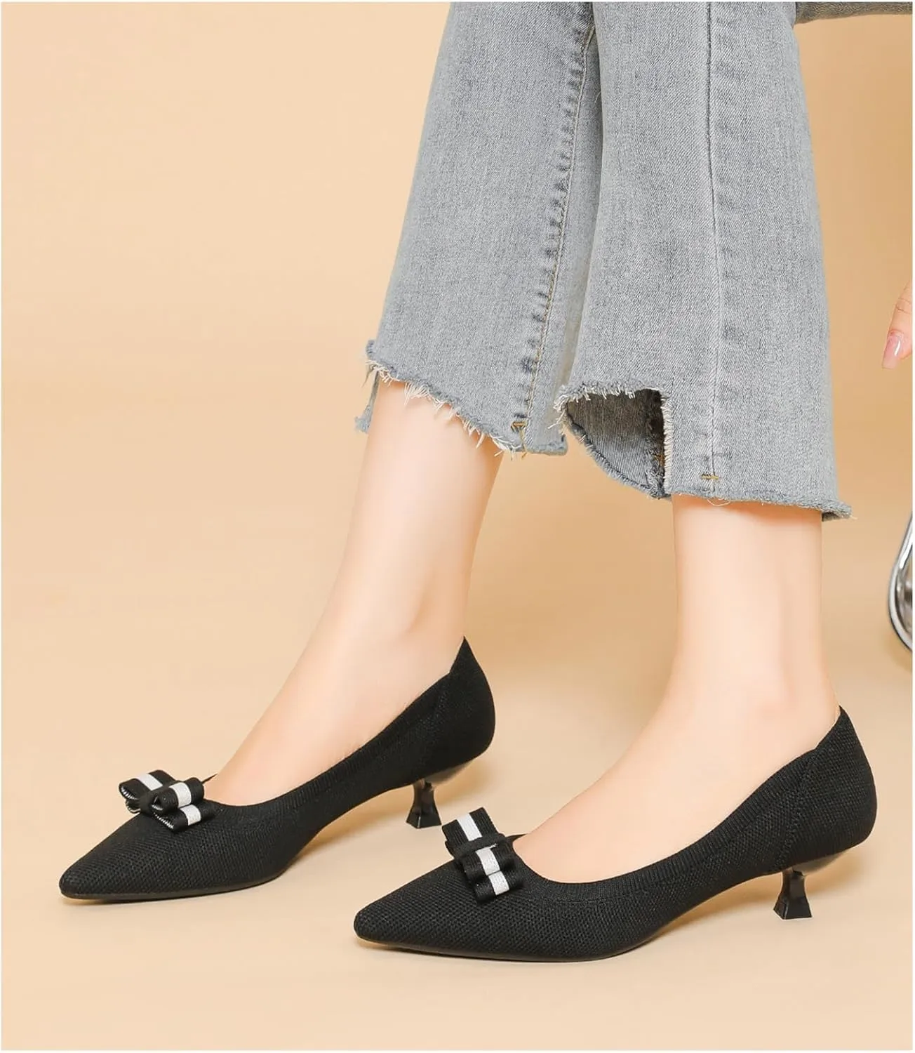 Women's Knitted Kitten Low Heels with Bow Pointed Closed Toe Slip On Comfort Pumps Casual Work Office Dress Shoes