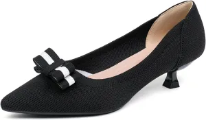 Women's Knitted Kitten Low Heels with Bow Pointed Closed Toe Slip On Comfort Pumps Casual Work Office Dress Shoes