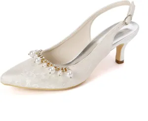 Women's Lace Wedding Shoes for Bride Low Heel Pointed Toe Bridal Shoes with Pearl Slingback Evening Party Pumps Sandals