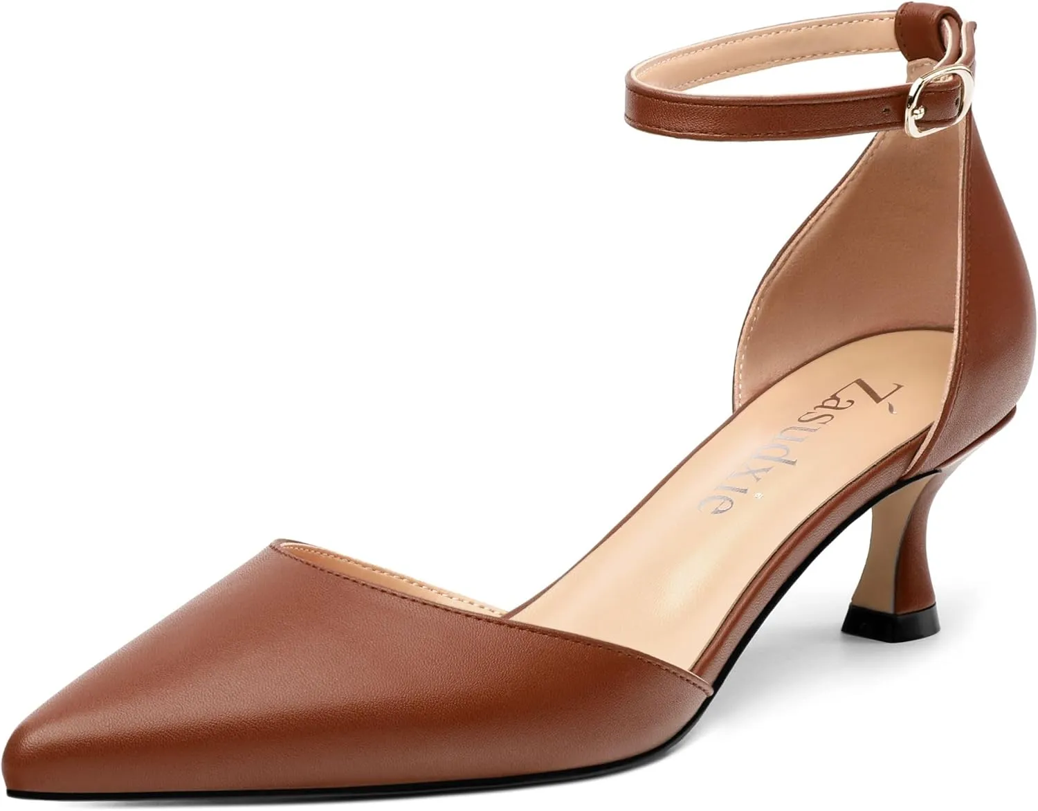 Women's Low Kitten Heel Closed Pointed Toe Pumps Matte Ankle Strap Buckle Wedding Party Dress Shoes for Women 2 Inches
