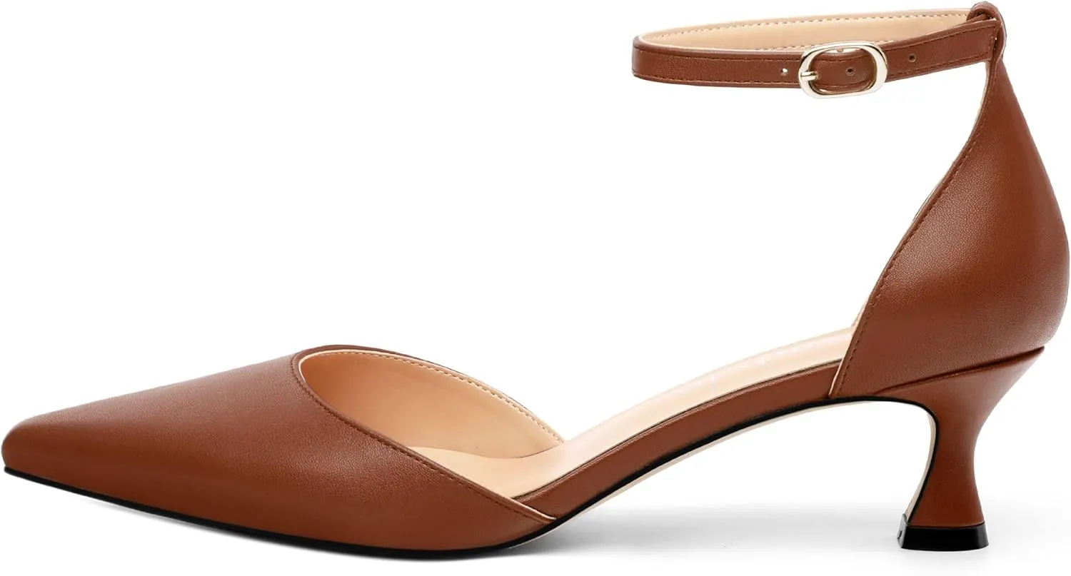 Women's Low Kitten Heel Closed Pointed Toe Pumps Matte Ankle Strap Buckle Wedding Party Dress Shoes for Women 2 Inches