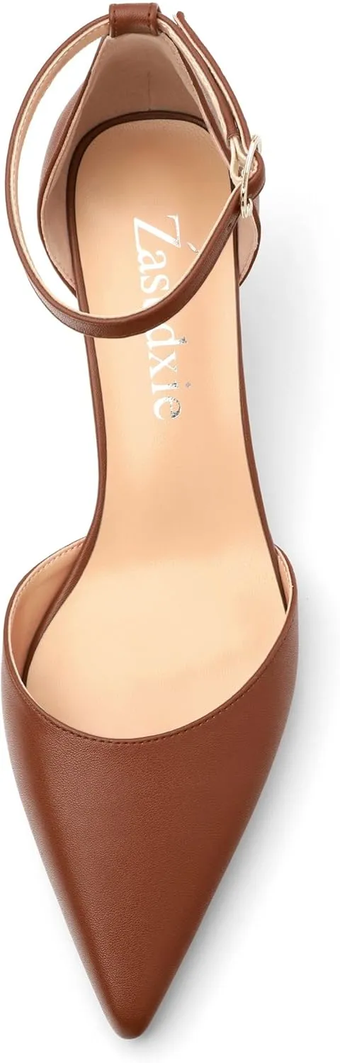 Women's Low Kitten Heel Closed Pointed Toe Pumps Matte Ankle Strap Buckle Wedding Party Dress Shoes for Women 2 Inches