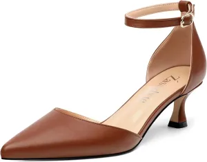 Women's Low Kitten Heel Closed Pointed Toe Pumps Matte Ankle Strap Buckle Wedding Party Dress Shoes for Women 2 Inches