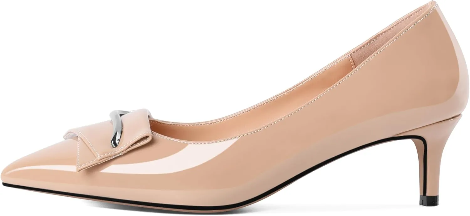 Women's Low Kitten Heels Closed Pointey Toe Pumps Low Stiletto Heels Slip-on Buckle Pumps Wedding Bridal Party 2 Inches Dress Shoes