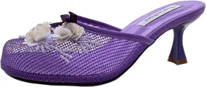 Women's Mesh Mule Slip On Sandals With Floral Sequin Embellishments Round Toe Middle Heel Slides Slippers 2.5 Inch