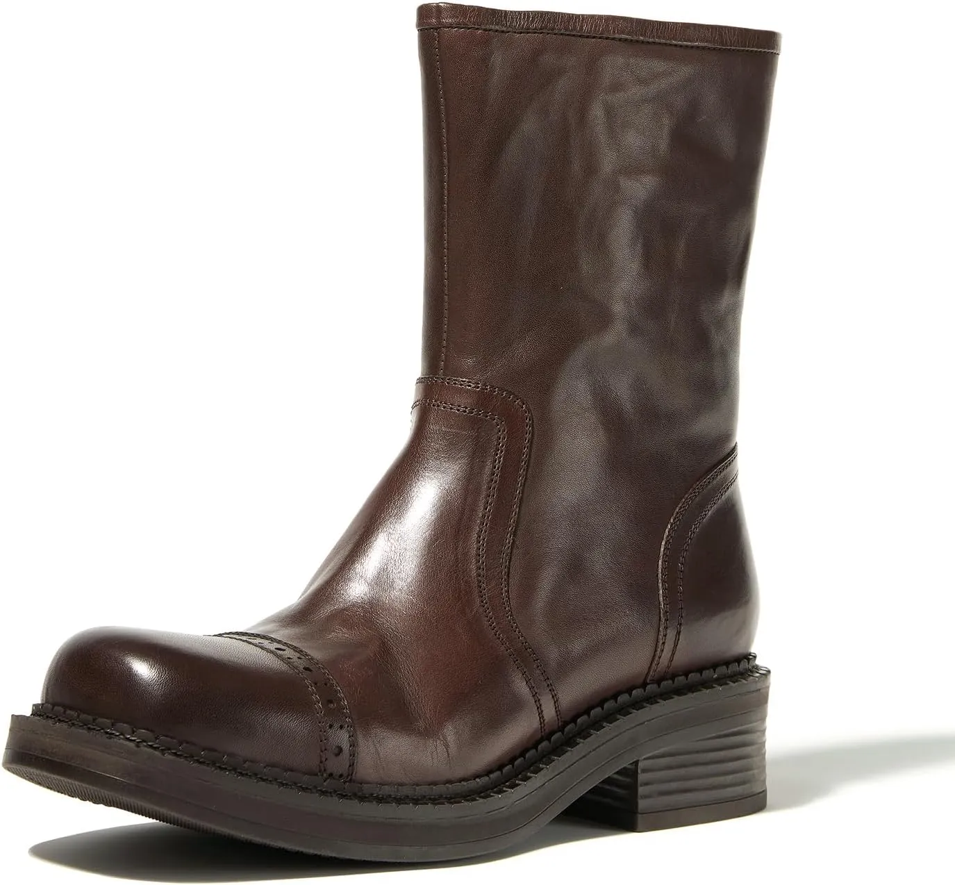 Women's Mid-Calf Cowboy Boots Western Style Zipper Boots Genuine Leather Chunky Heel Perfect for Skirts and Jeans