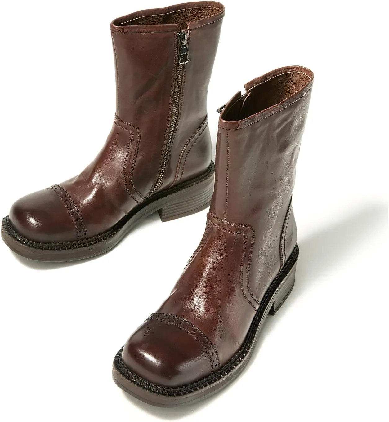 Women's Mid-Calf Cowboy Boots Western Style Zipper Boots Genuine Leather Chunky Heel Perfect for Skirts and Jeans