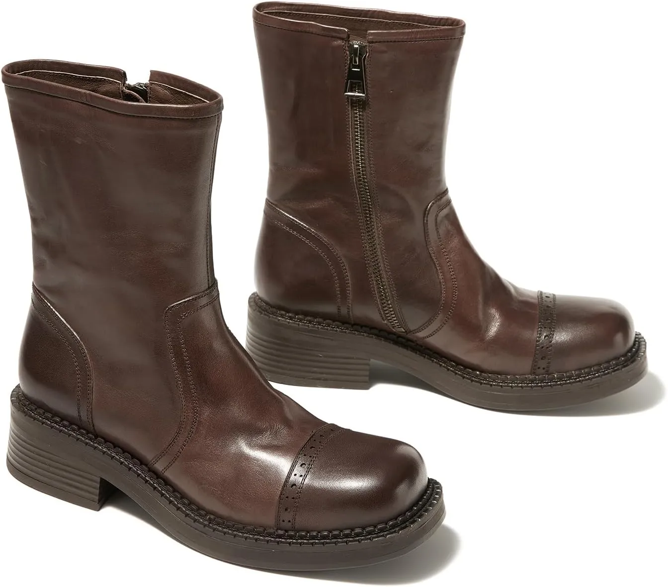 Women's Mid-Calf Cowboy Boots Western Style Zipper Boots Genuine Leather Chunky Heel Perfect for Skirts and Jeans